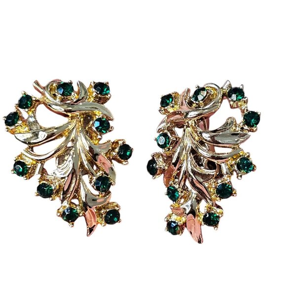 Vintage Coro Emerald Gold Tone Clipon Earrings Formal Evening Leaf MCM Mod - Picture 5 of 12